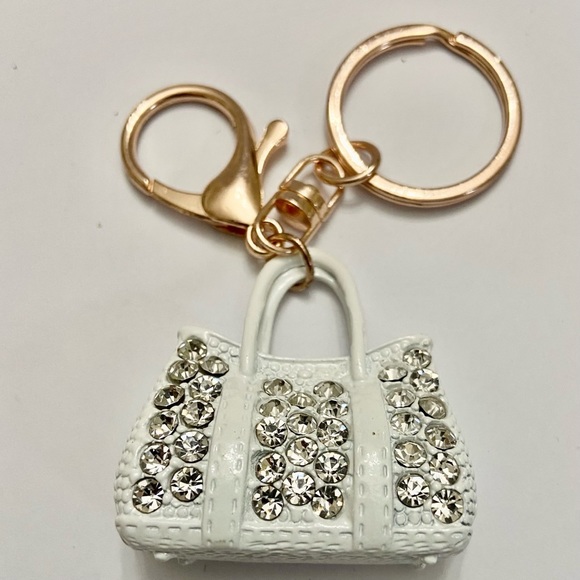 2-Way, White Enamel-Clear Rhinestone Handbag Charm- Key Chain - Picture 1 of 8